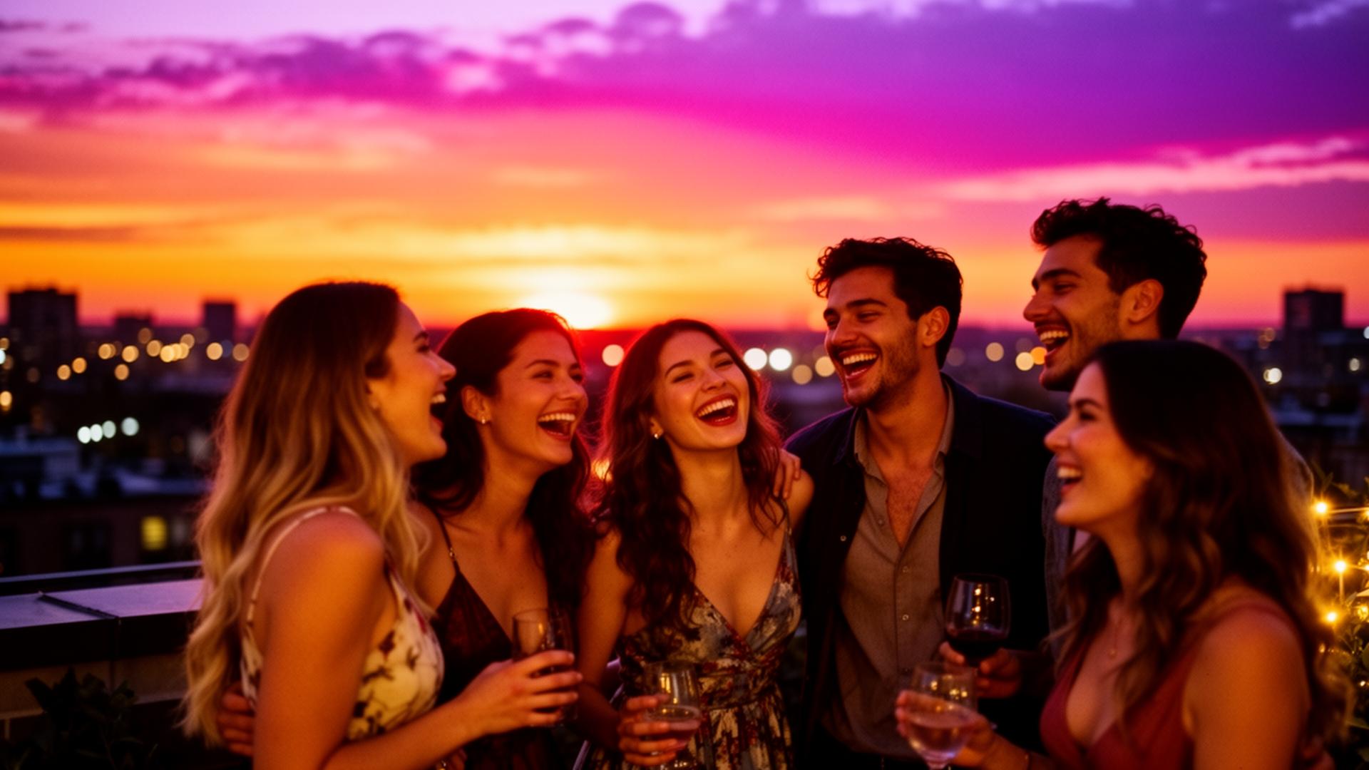People meeting at a rooftop sunset